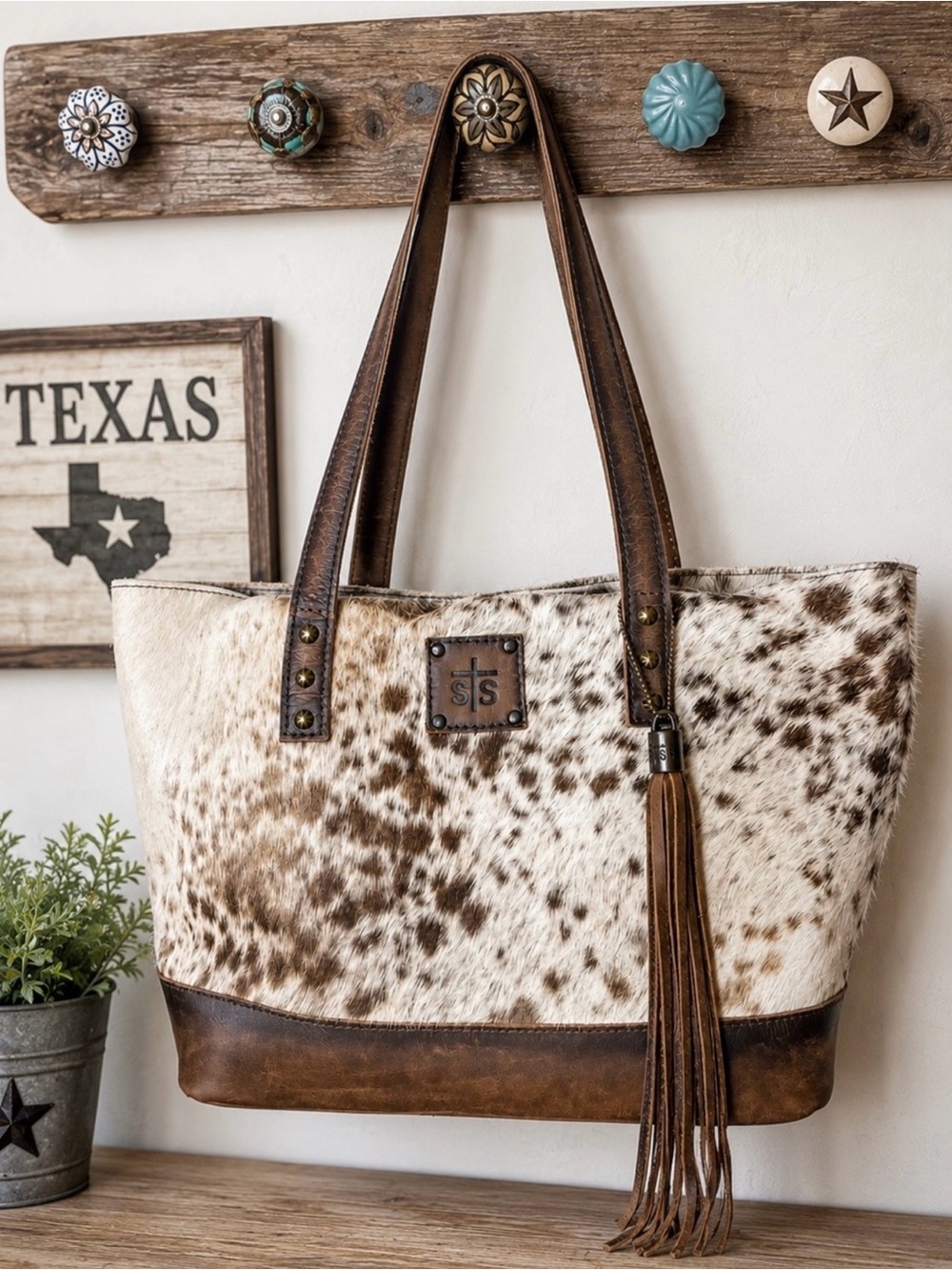 STS Ranchwear Brown & Cream Spotted Hair-on-Hide Tote with Leather Tassel